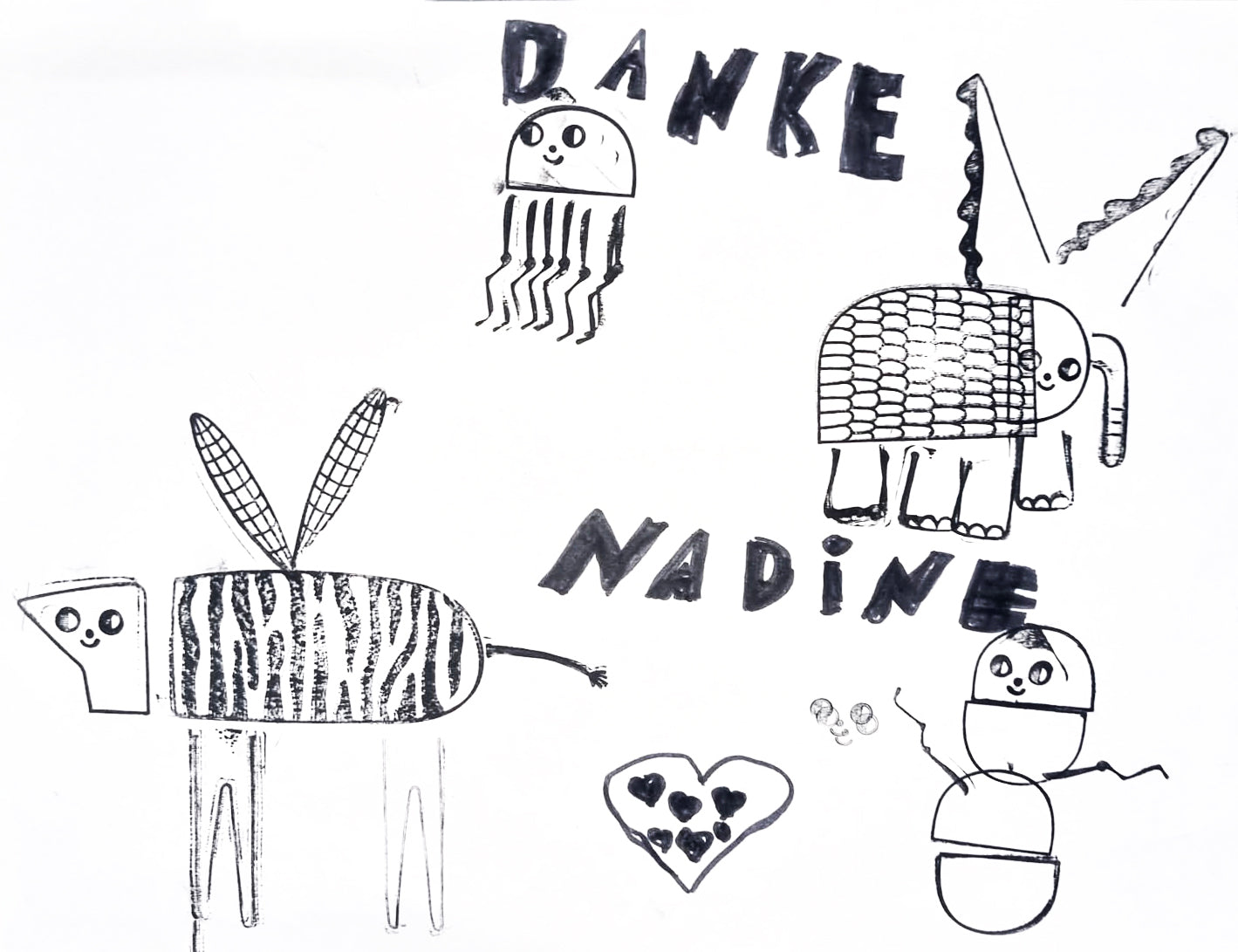 Gestempeltes Bild in schwarz-weiß mit dem Text Danke Nadine.