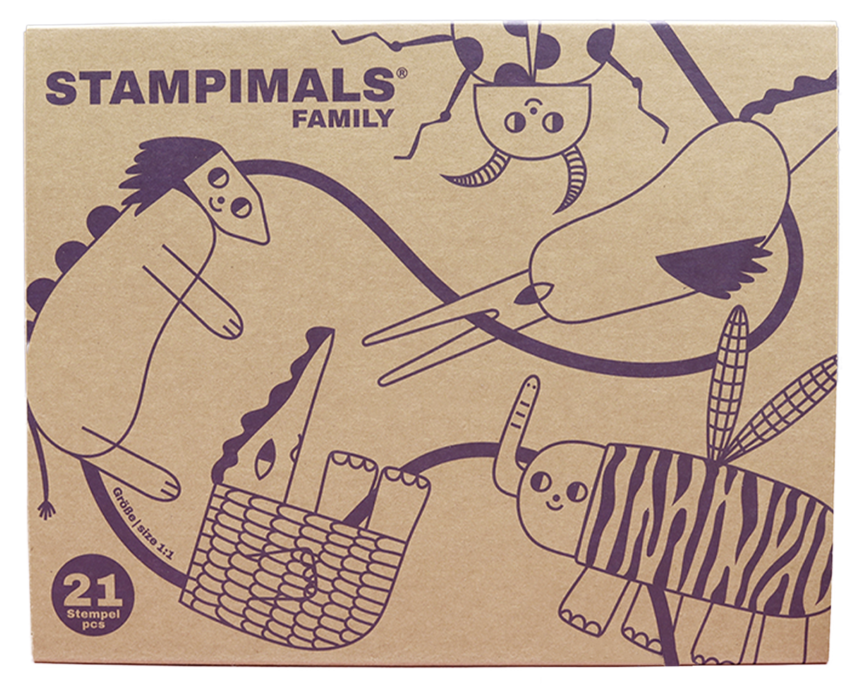 Stempelspiel Verpackung aus braunem Kraftkarton, blau bedruckt.